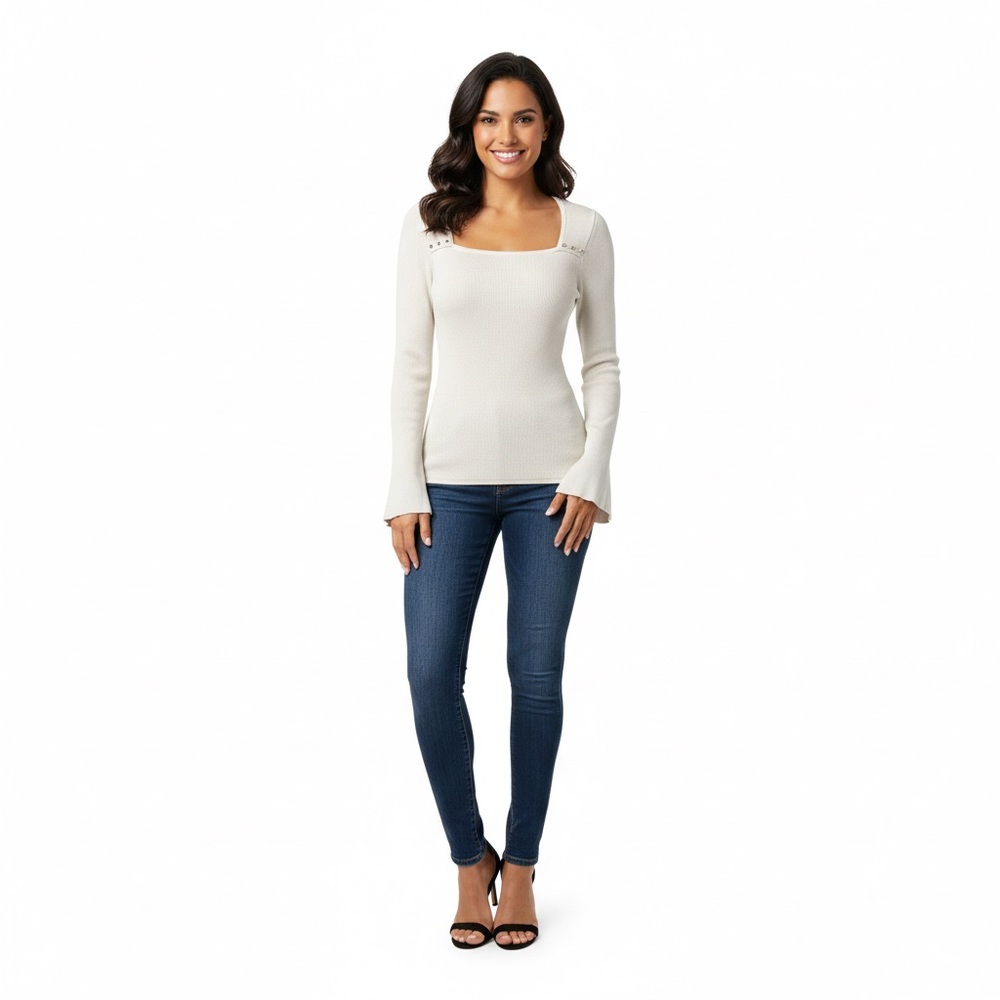 White House Black Market Cream Long Bell Sleeve Knit‎ Top XS